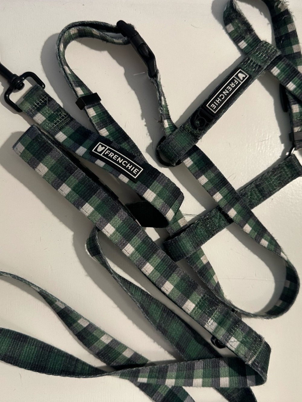 Frenchie Bulldog Strap Harness & Dual Print Leash - Green Plaid Print